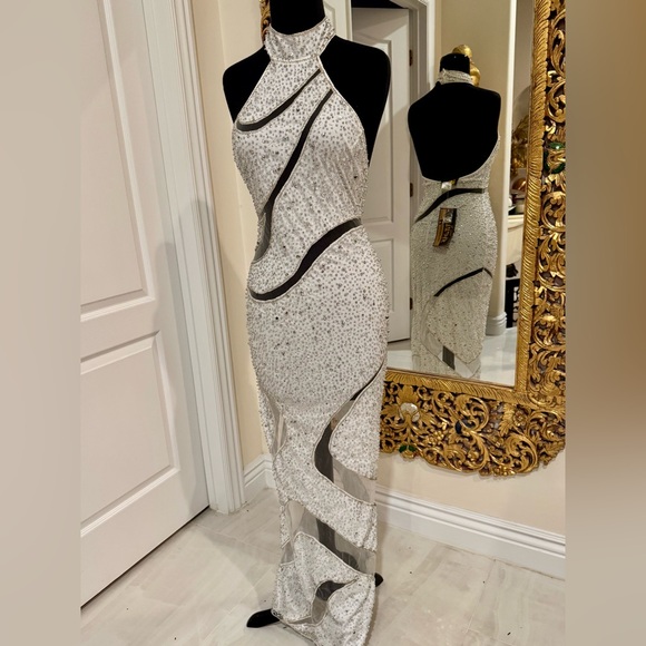 slim fit dress slacks Chic and Holland HF110524 - Long Beaded mesh (88% Polyester 12% spandex)  Sheath Dress main image 0
